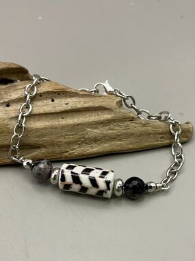 Handmade Silver Tone Chain Bracelet Black White Checkerboard Ceramic Bead Boho